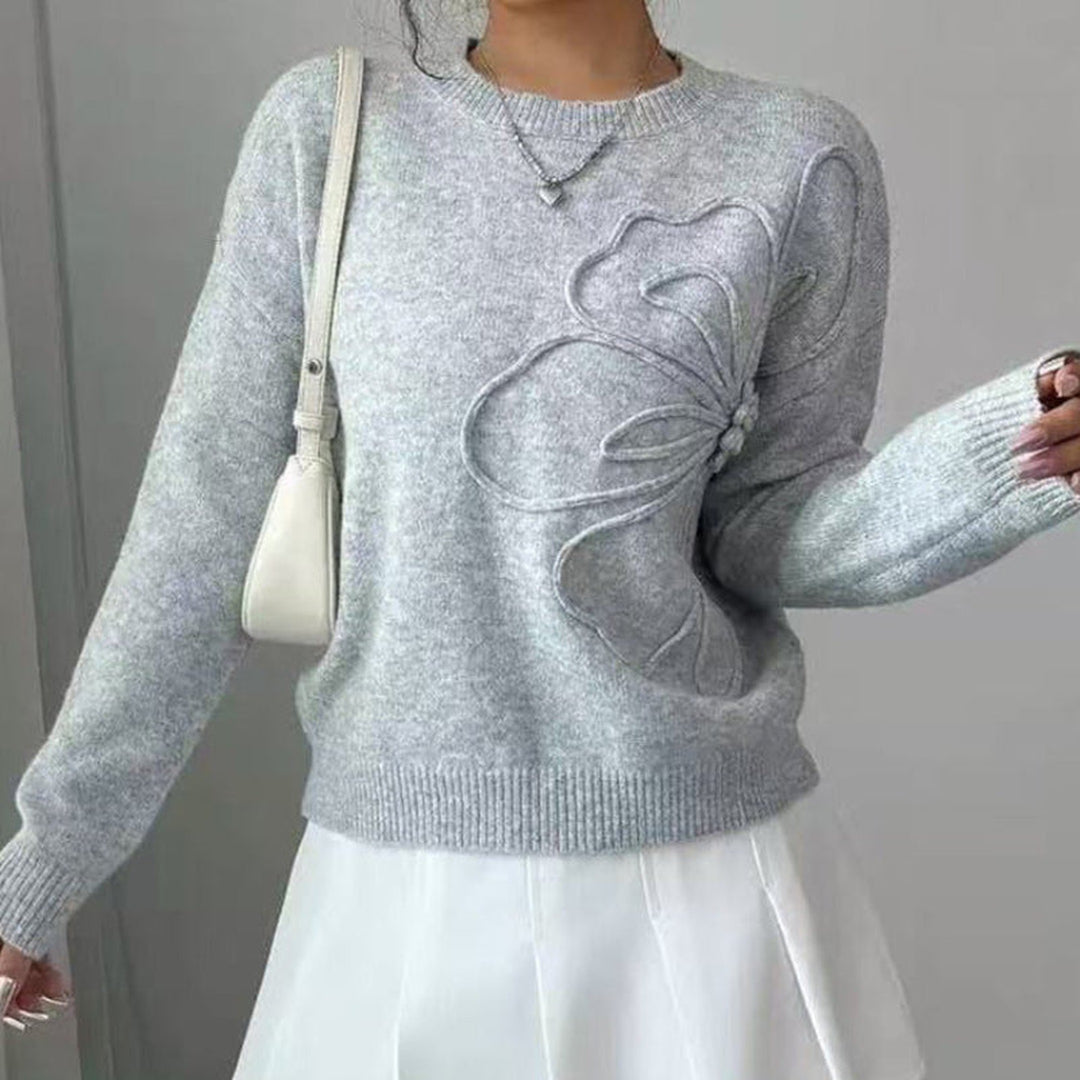 Women's Floral Knit Jumper – Relaxed Crew Neck Everyday Knit – Light Grey