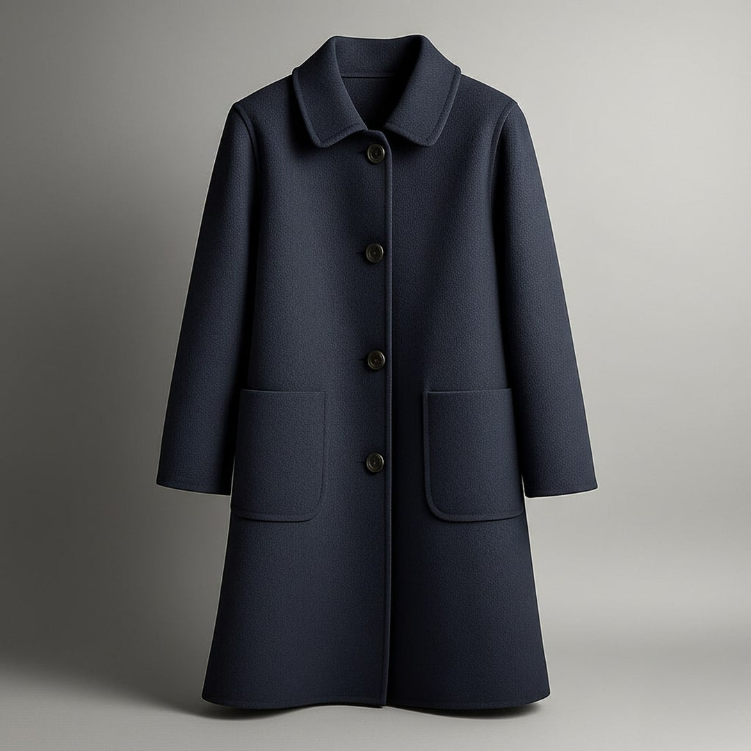 Women's Virgin Wool Coat – Tailored Straight-Cut Winter Overcoat – Navy