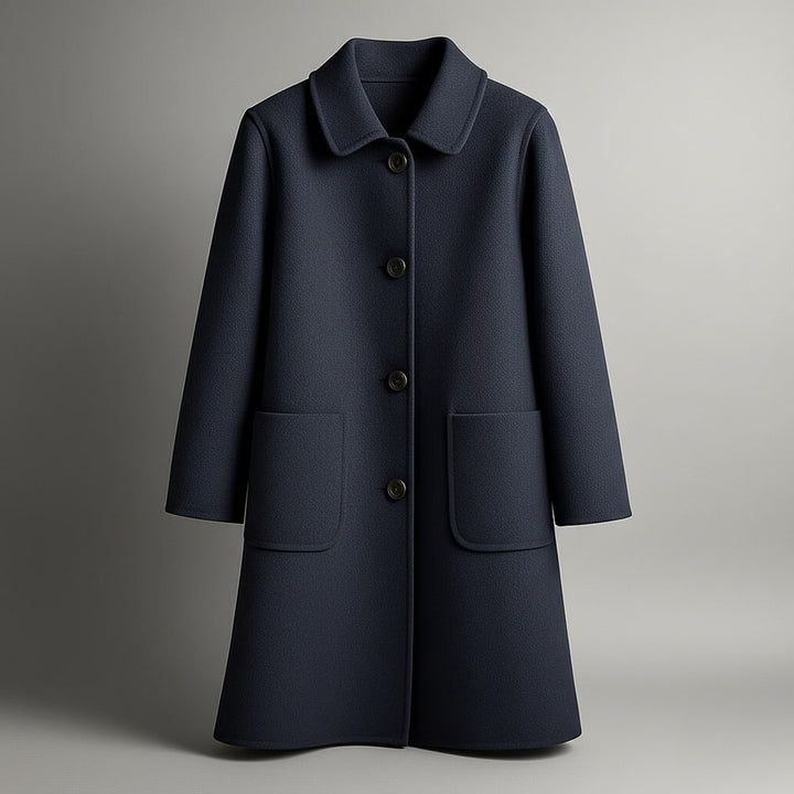 Women's Virgin Wool Coat – Tailored Straight-Cut Winter Overcoat – Navy