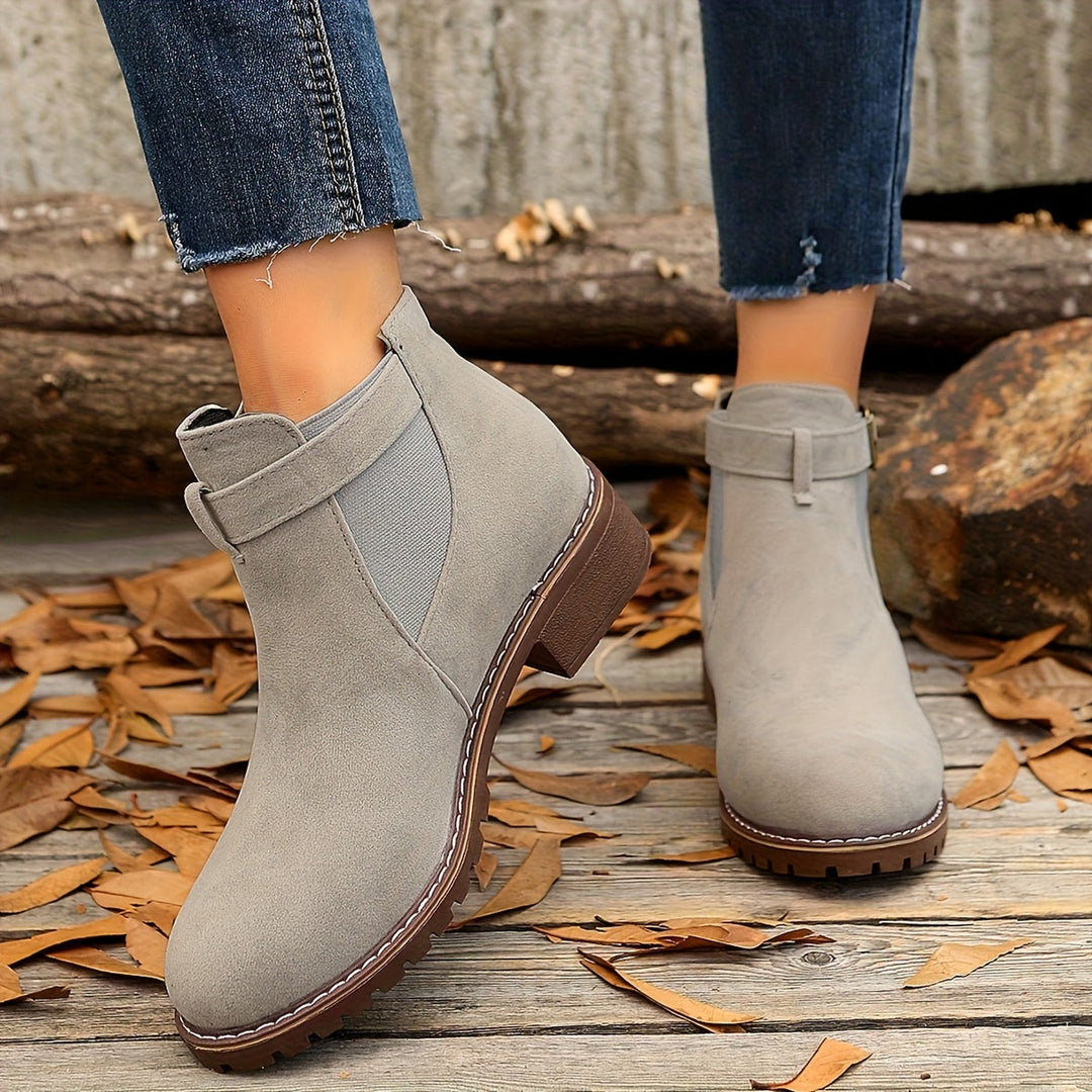 Women's Faux Suede Buckle Chelsea Boots – Low Block Heel – view 6