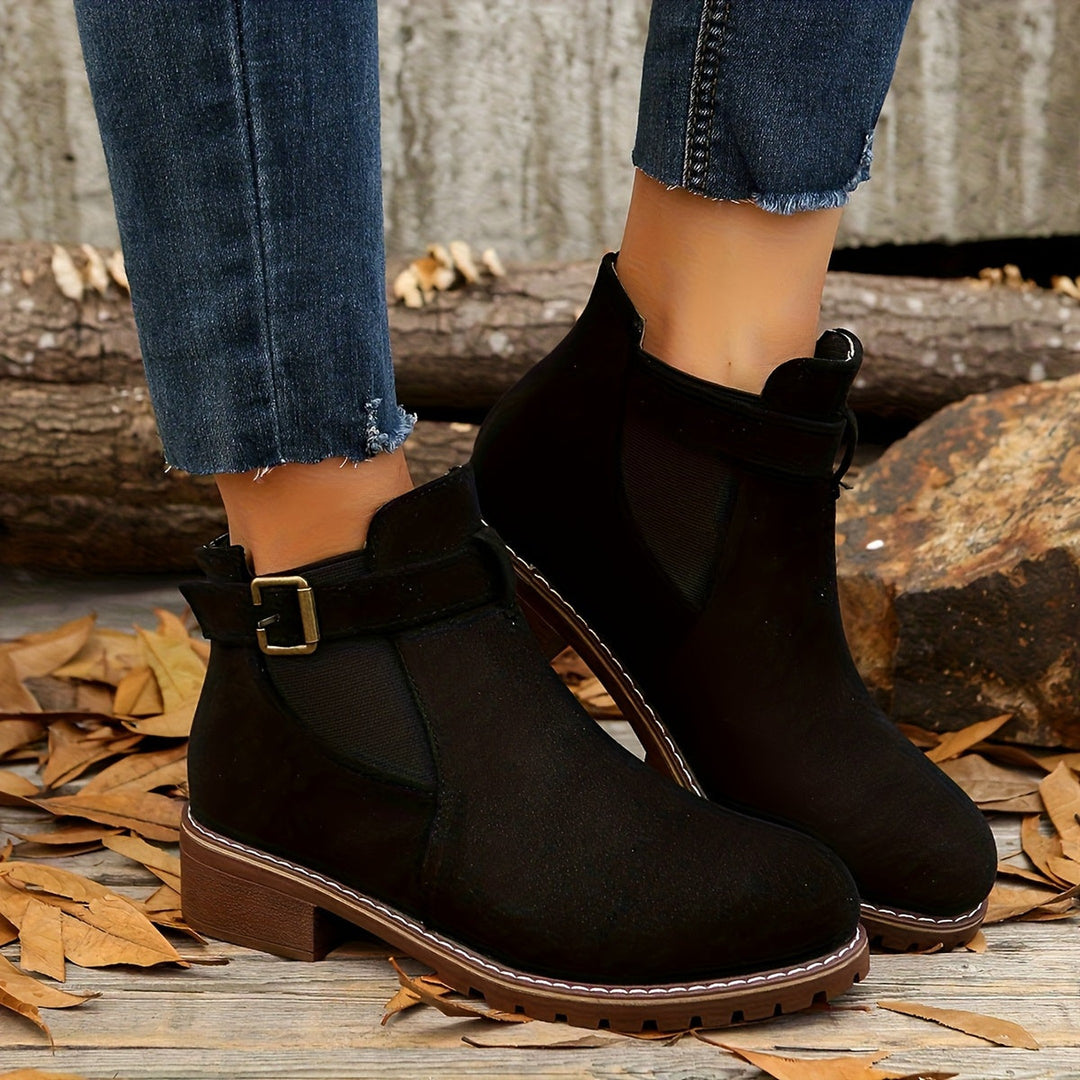 Women's Faux Suede Buckle Chelsea Boots – Low Block Heel – view 8