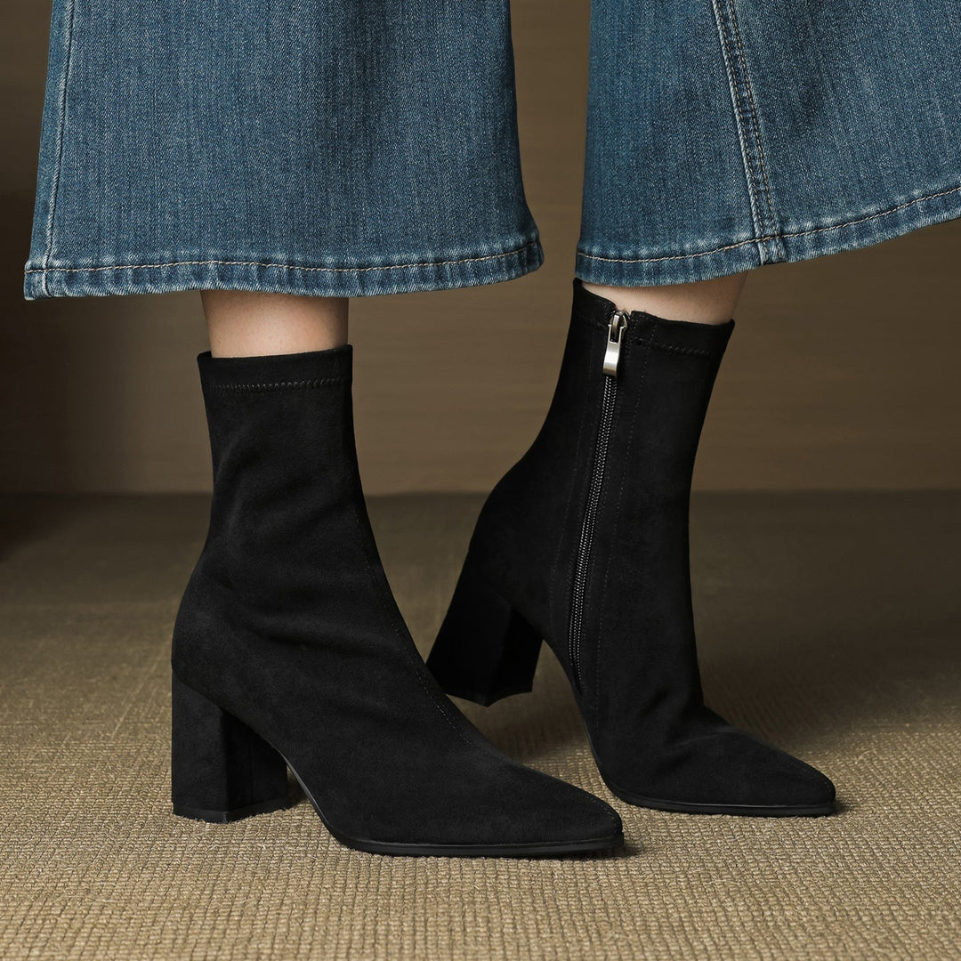 Women's Suede Ankle Boots – Block Heel with Sleek Side Zip