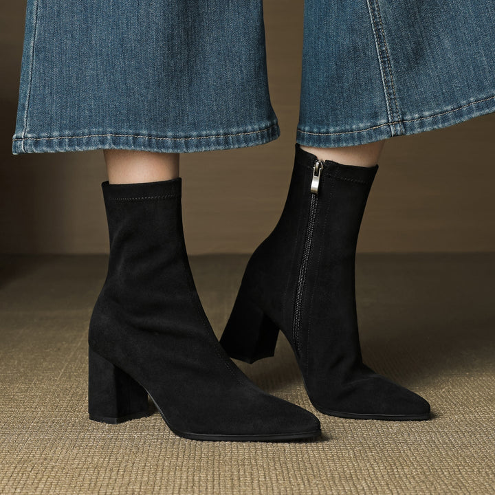 Women's Suede Ankle Boots – Block Heel with Sleek Side Zip