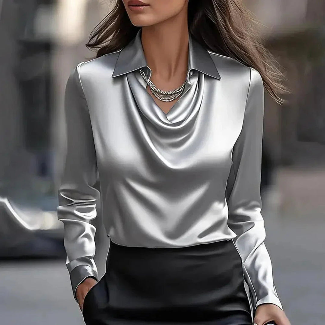 Women's Satin Cowl Neck Blouse – Fluid Drape Smart Top – Grey