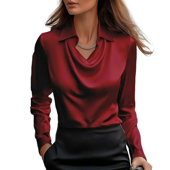 Women's Satin Cowl Neck Blouse – Fluid Drape Smart Top – Red