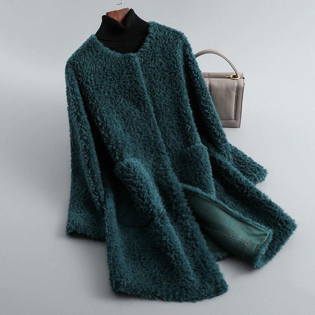 Women's Shearling Coat – Collarless Open-Front Teddy Layer – Graphite Grey