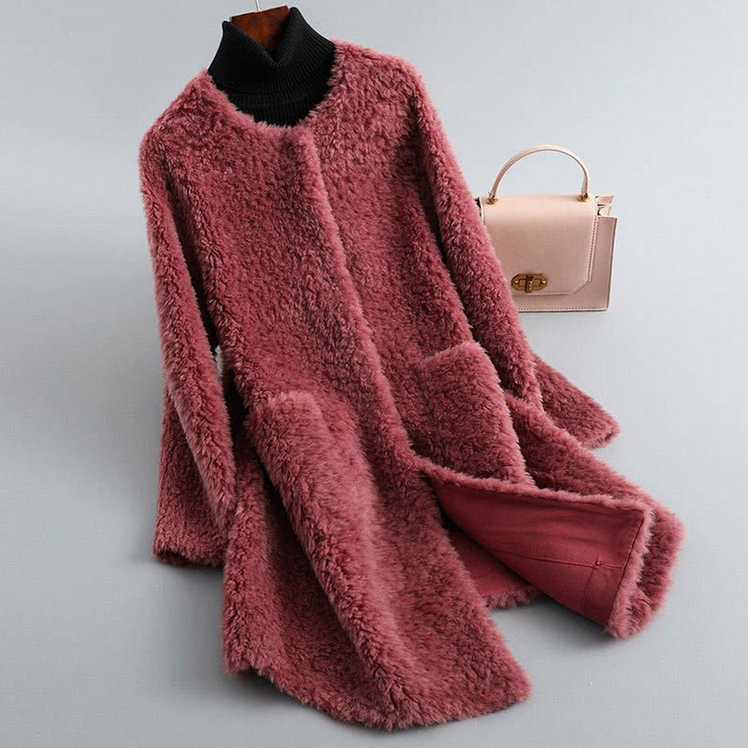 Women's Shearling Coat – Collarless Open-Front Teddy Layer – Blossom Pink