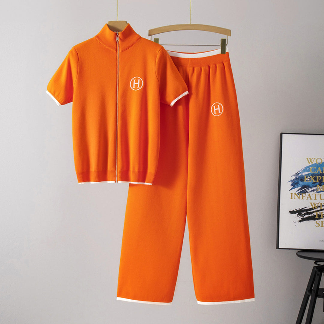 Women's Fine-Gauge Knit Set – Zip Top & Wide-Leg Trousers – Orange
