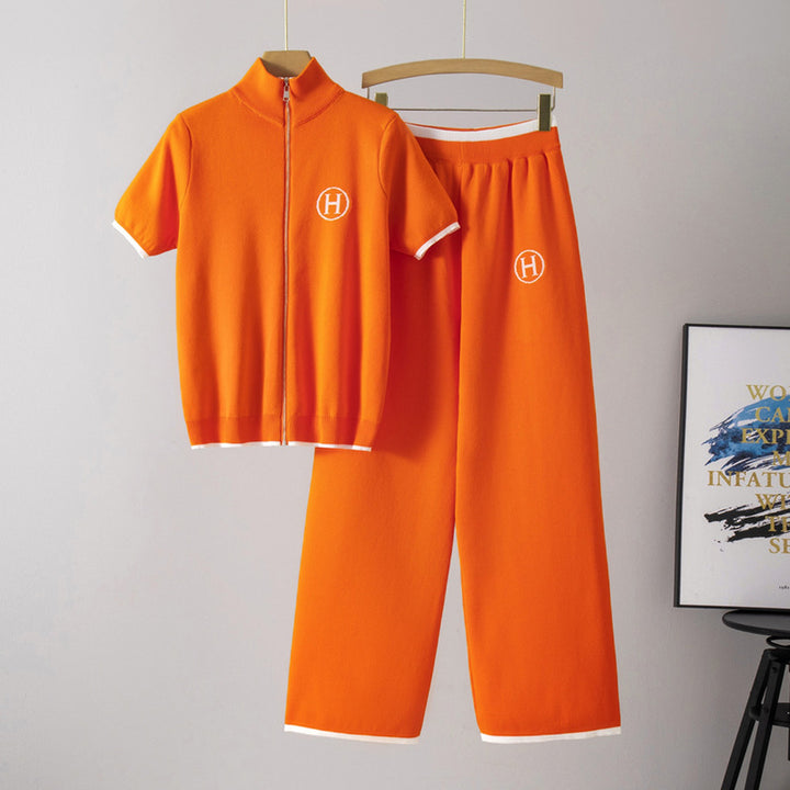 Women's Fine-Gauge Knit Set – Zip Top & Wide-Leg Trousers – Orange