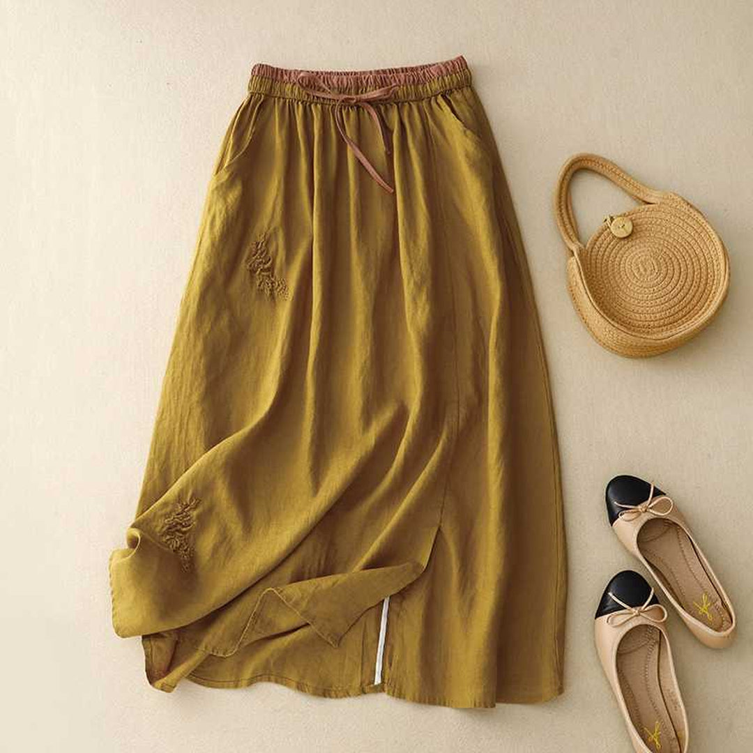 Women's Embroidered Linen Skirt – Elasticated Waist Summer Skirt – view 3