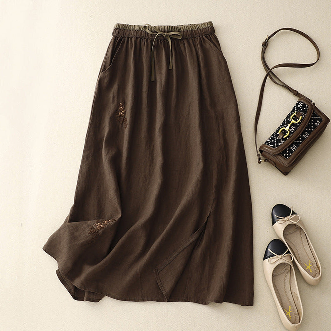 Women's Embroidered Linen Skirt – Elasticated Waist Summer Skirt – view 4