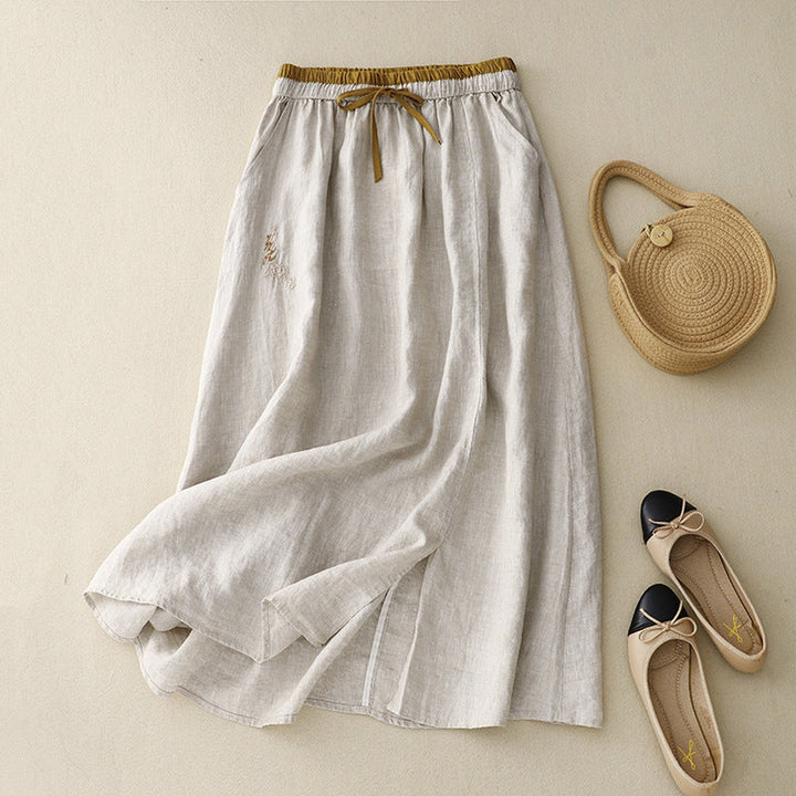 Women's Embroidered Linen Skirt – Elasticated Waist Summer Skirt – view 5