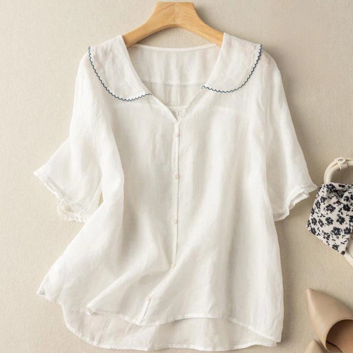 Women's Linen Blouse – Scalloped Collar & Ruffle Sleeves