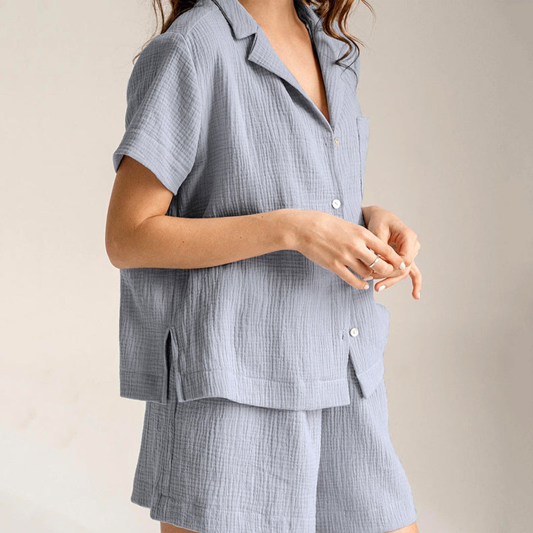 Women's Cotton-Linen PJ Set – Breathable Shirt & Shorts
