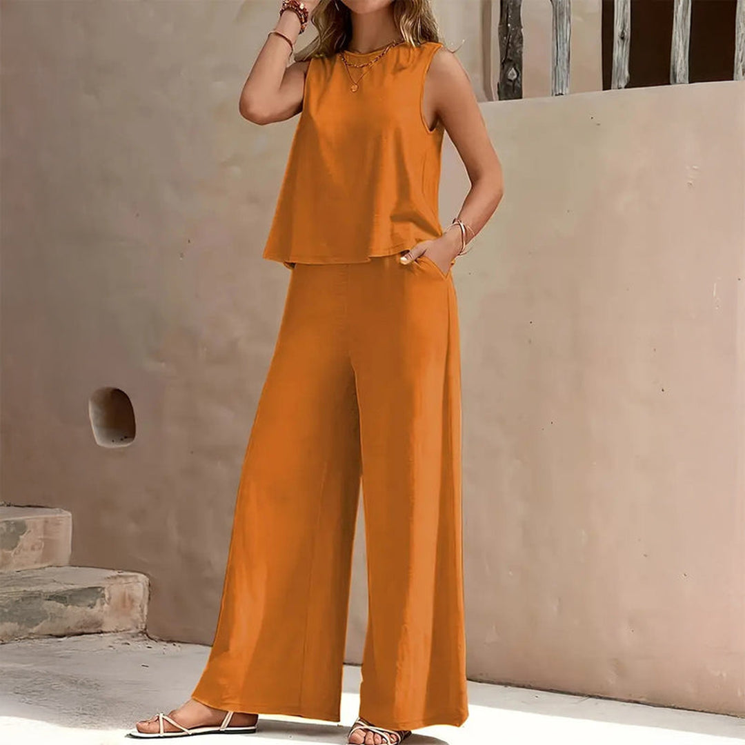 Women's Cotton Two-Piece Set – Emilia Sleeveless Top & Trousers