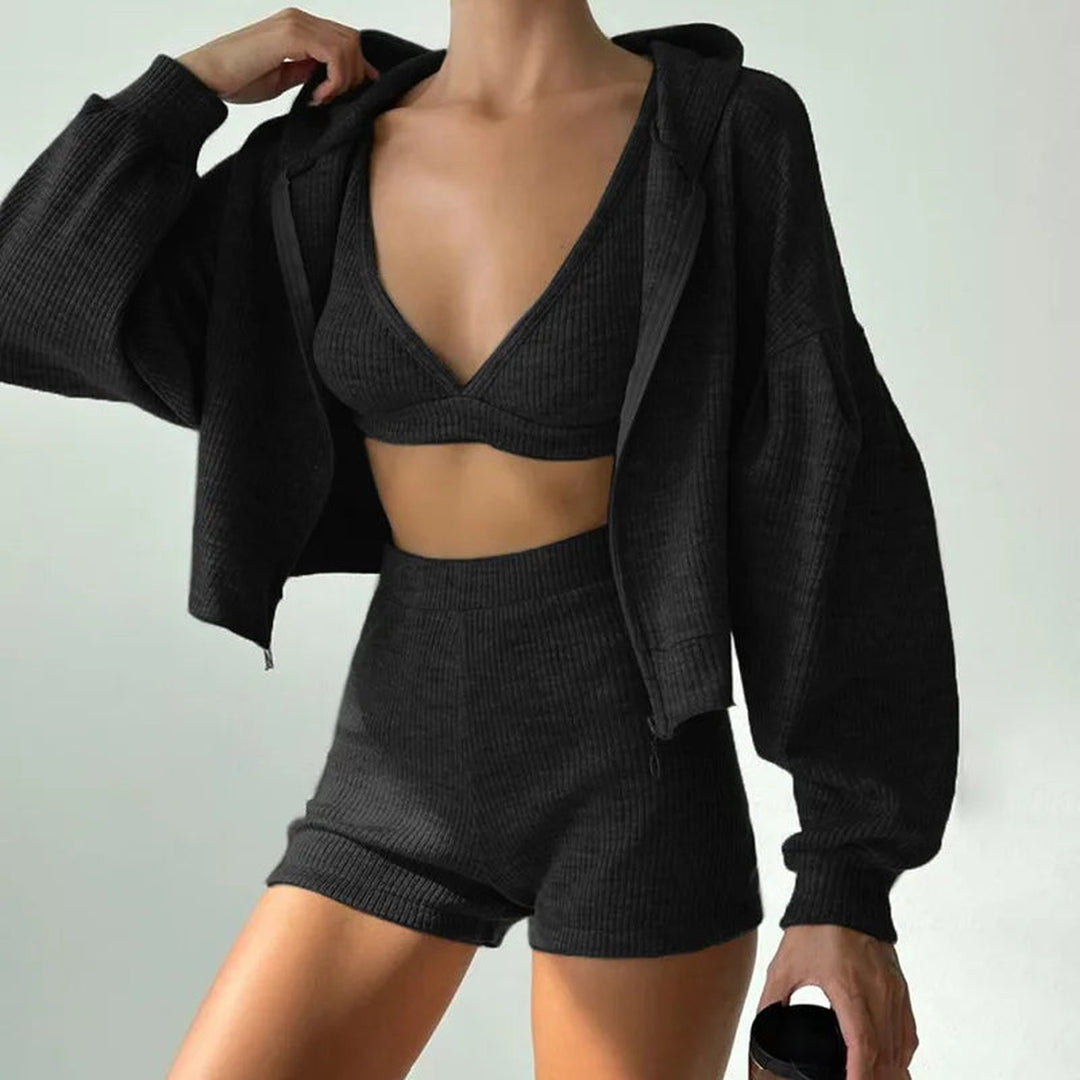Women's Ribbed Knit Lounge Set – Ridge 3-Piece Hoodie & Shorts