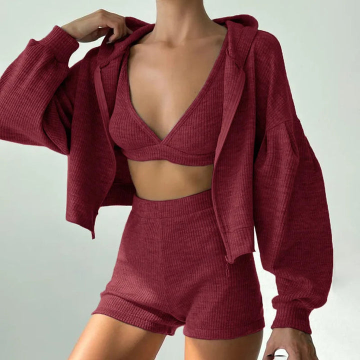 Women's Ribbed Knit Lounge Set – Ridge 3-Piece Hoodie & Shorts