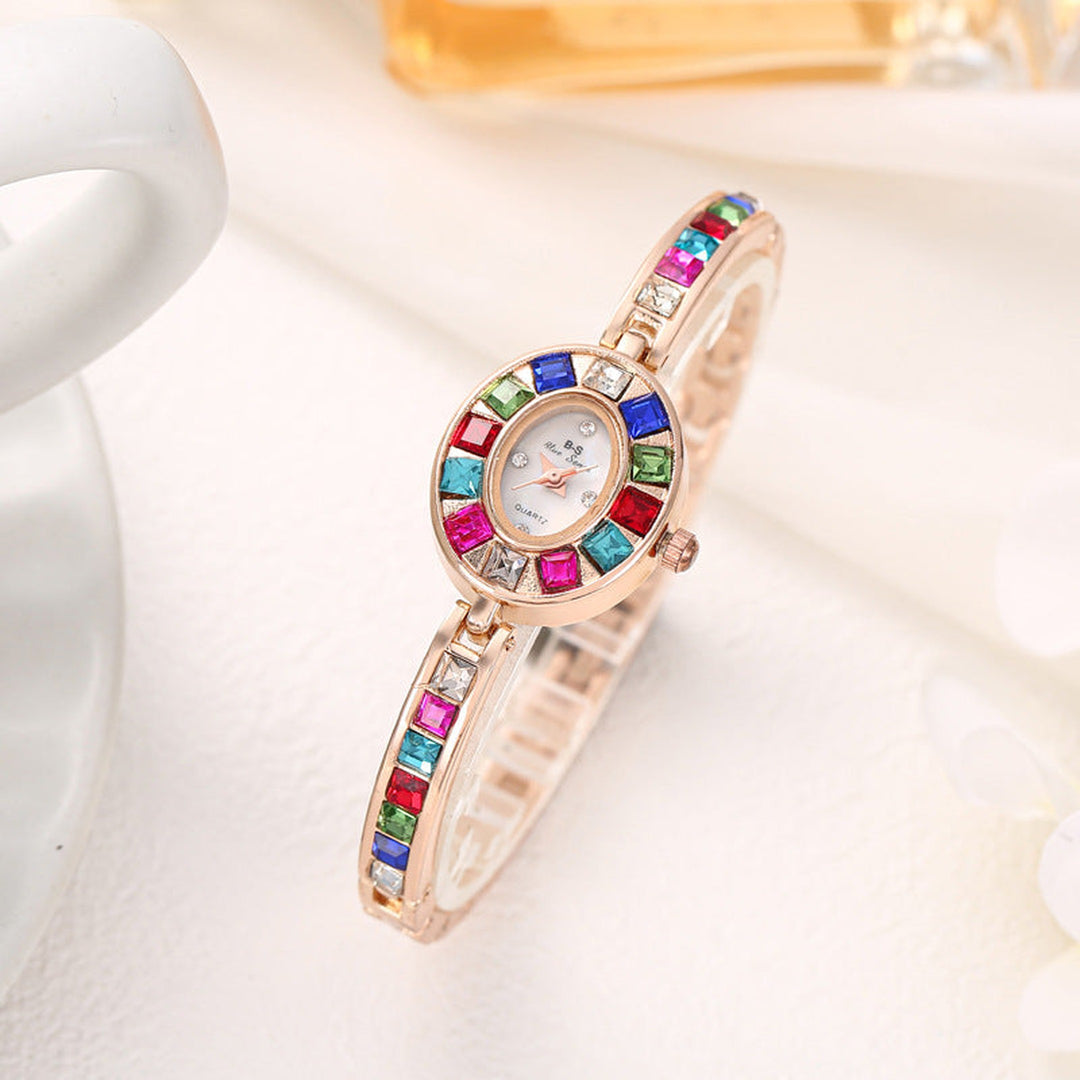 "Women's Gold-Tone Crystal Watch – Rainbow Gems, Slim Oval Dial"