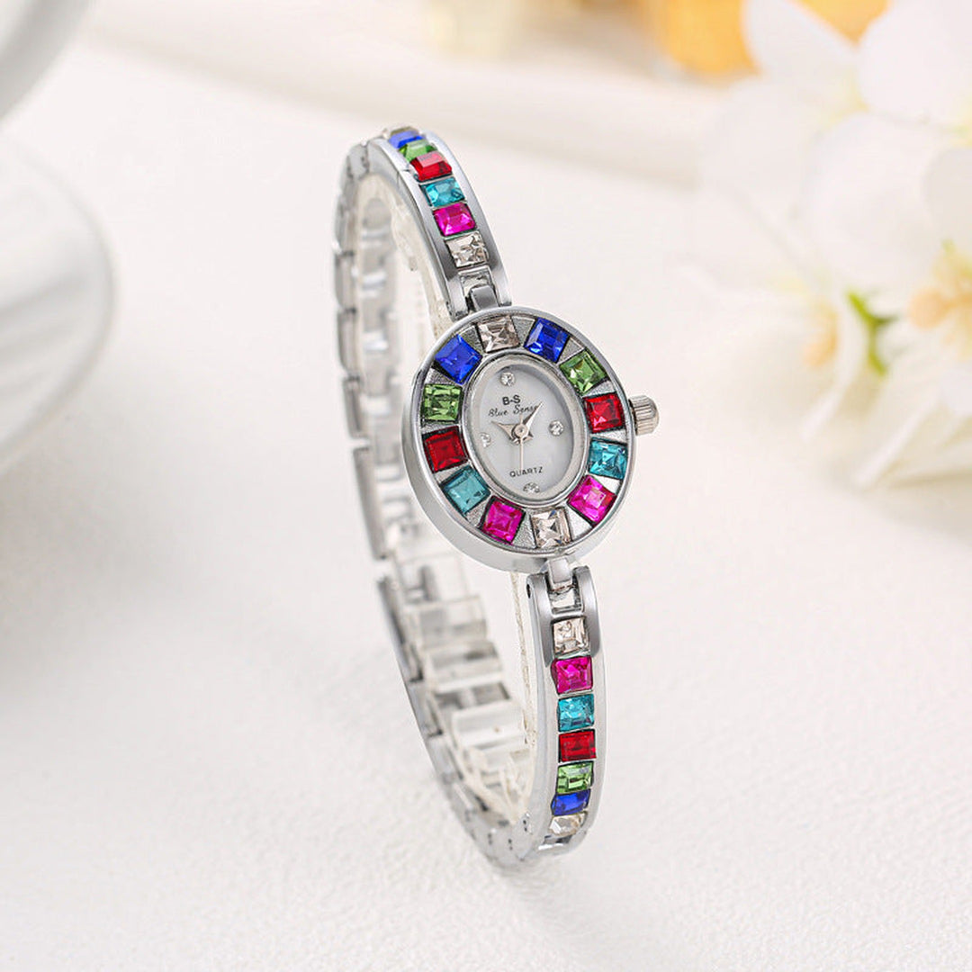 "Women's Gold-Tone Crystal Watch – Rainbow Gems, Slim Oval Dial"