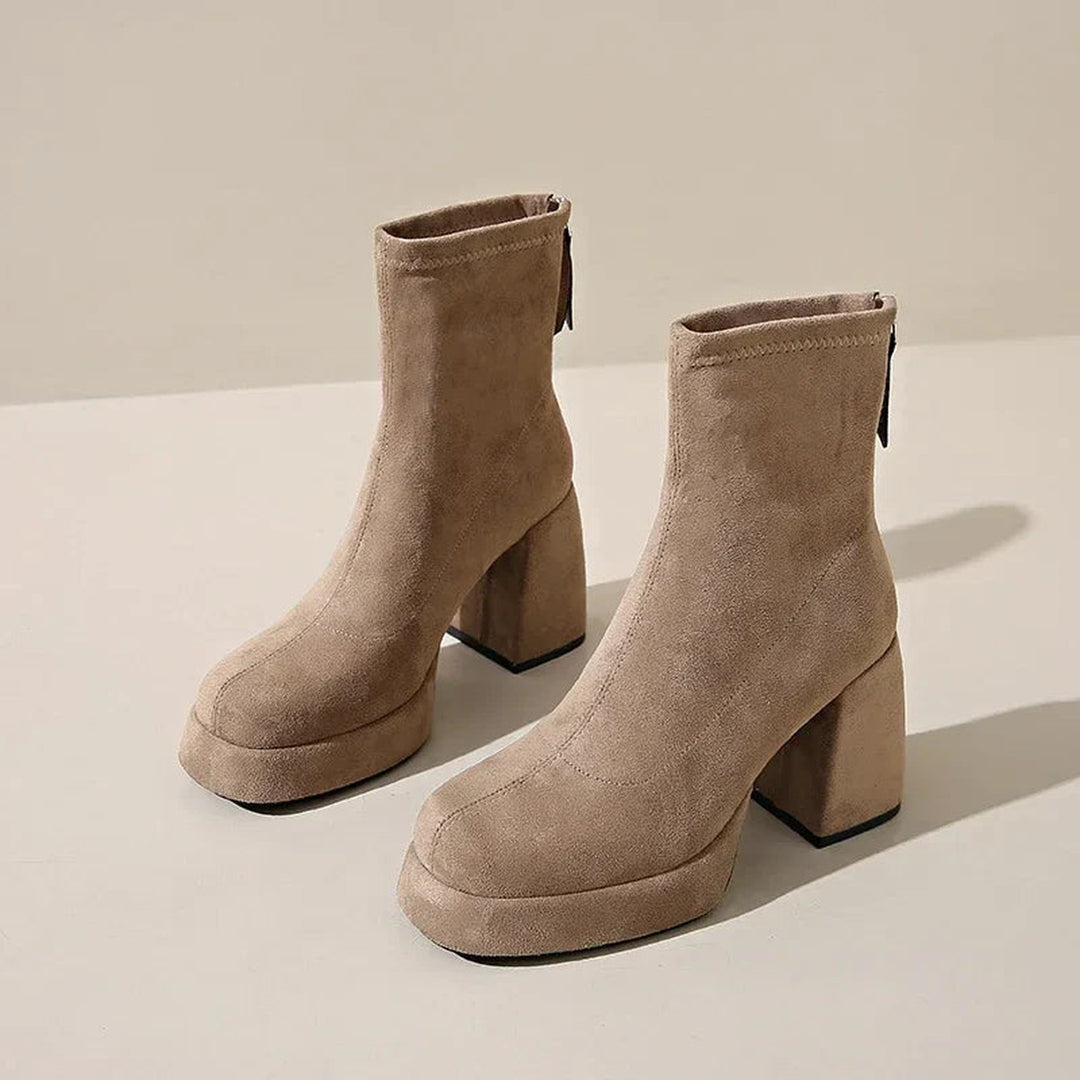 "Women's Suede Heeled Ankle Booties – Block Heel, Back Zip"