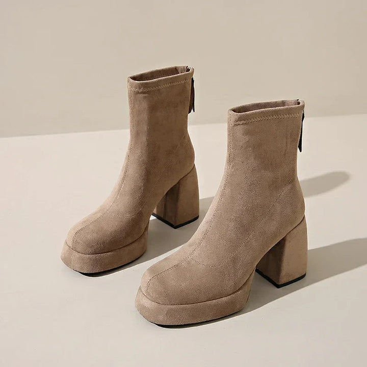 "Women's Suede Heeled Ankle Booties – Block Heel, Back Zip"