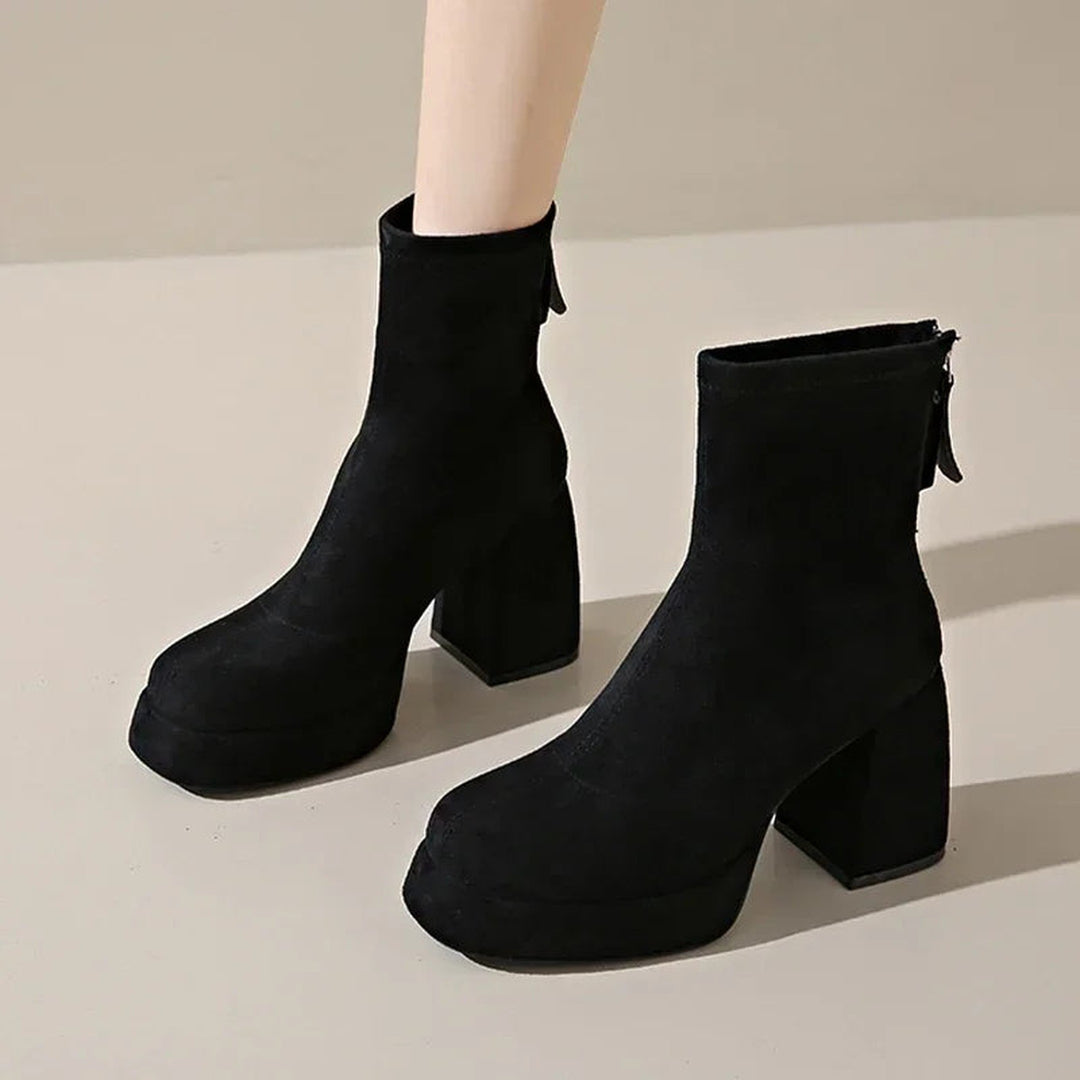 "Women's Suede Heeled Ankle Booties – Block Heel, Back Zip"