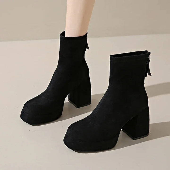 "Women's Suede Heeled Ankle Booties – Block Heel, Back Zip"