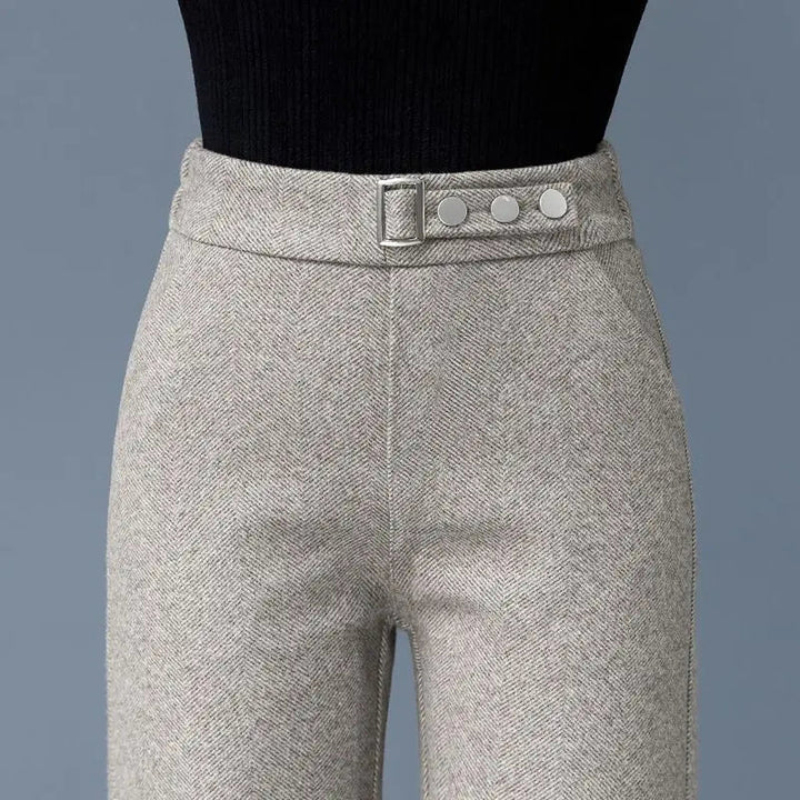 Women's Herringbone Tailored Trousers – High-Waist with Belt – view 2