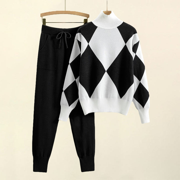Women's Knitted Co-ord Set – Turtleneck Jumper and Trousers – Blue