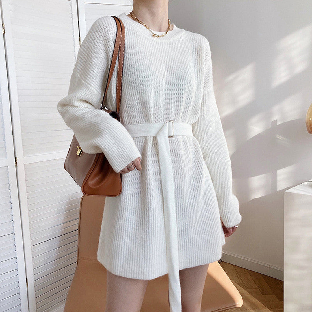 Women's Aspen Ribbed Knit Dress – Belted Long Sleeve Jumper Dress – view 4