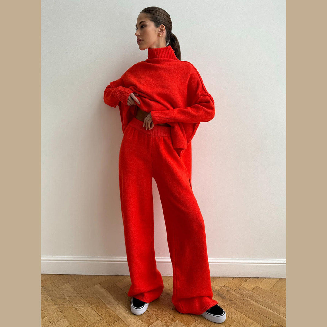 Women's Knit Co-ord Set – Roll Neck Jumper & Wide-Leg Trousers