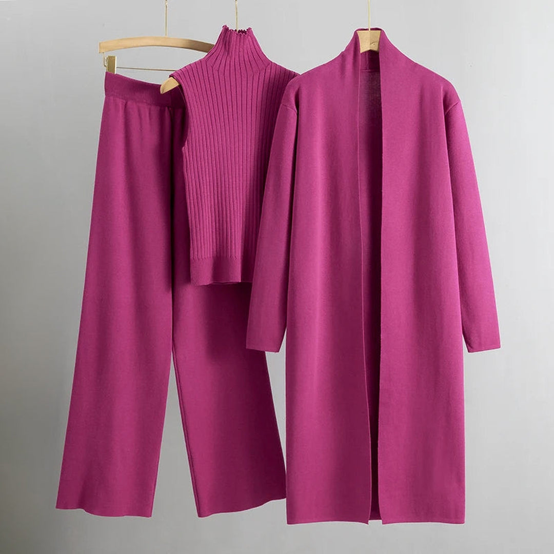 Women's Three-Piece Knitted Co-ord – Cardigan & Wide Trousers – Pink