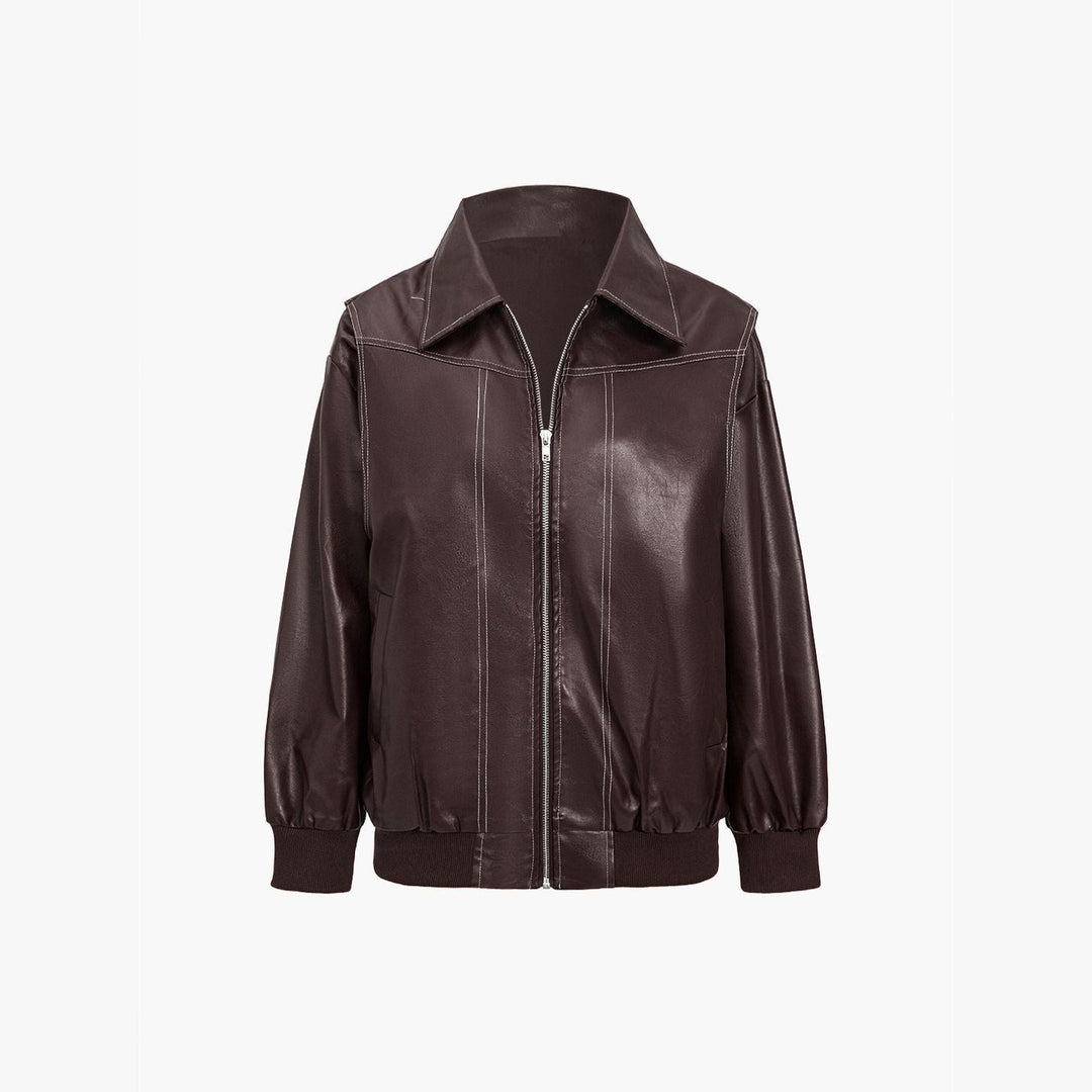 Women's Faux Leather Jacket – Relaxed Zip-Up Moto Style