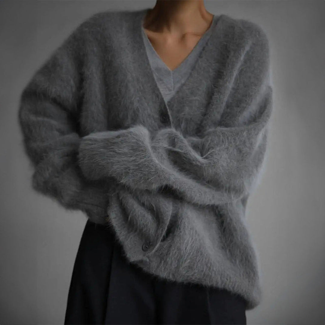 Women's Oversized Knit Cardigan – V-Neck Button-Front Layer – Light Grey