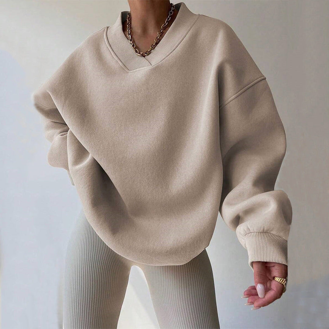 Women's Ribbed Cotton Jumper – Relaxed V-Neck Everyday Knit – Beige