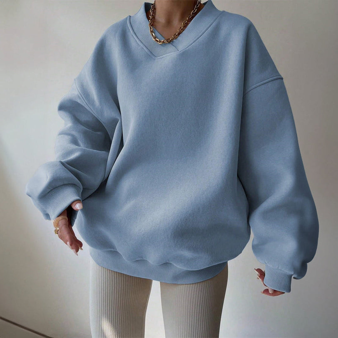 Women's Ribbed Cotton Jumper – Relaxed V-Neck Everyday Knit – Blue