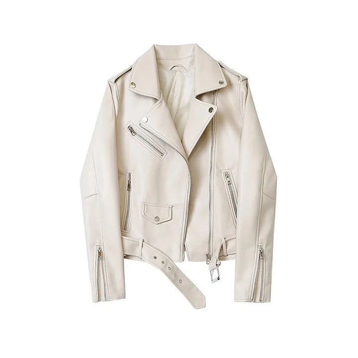 Women's Faux Leather Moto Jacket – Biker Style with Zipped Cuffs – Off-White