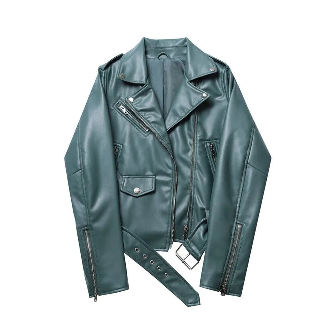Women's Faux Leather Moto Jacket – Biker Style with Zipped Cuffs – Light Green