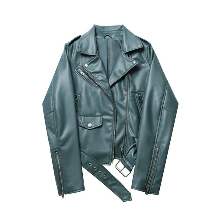 Women's Faux Leather Moto Jacket – Biker Style with Zipped Cuffs – Light Green