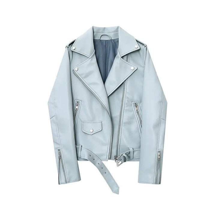 Women's Faux Leather Moto Jacket – Biker Style with Zipped Cuffs – Light Blue