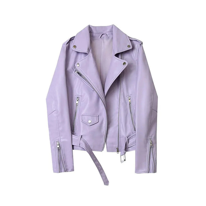Women's Faux Leather Moto Jacket – Biker Style with Zipped Cuffs – Lavender