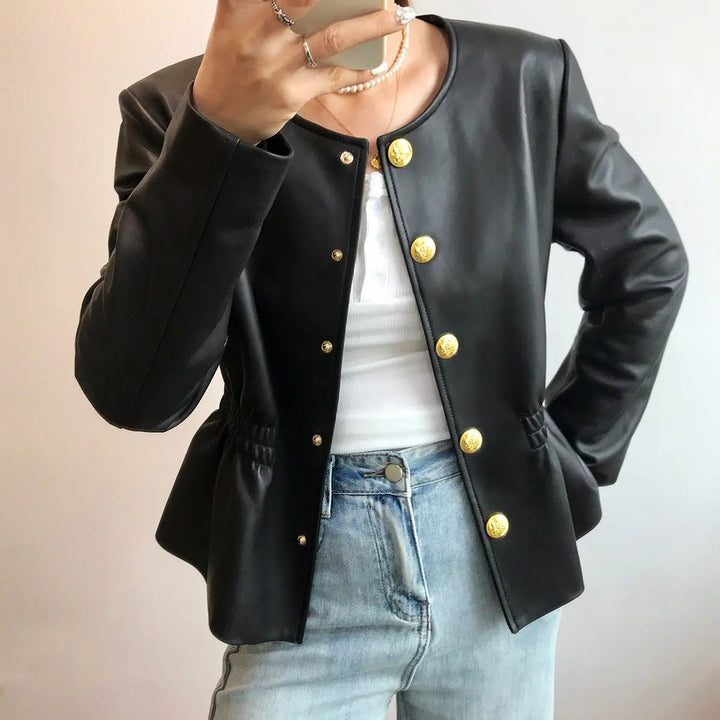 Women's Leather Jacket with Gold Buttons – Structured Collar – view 2