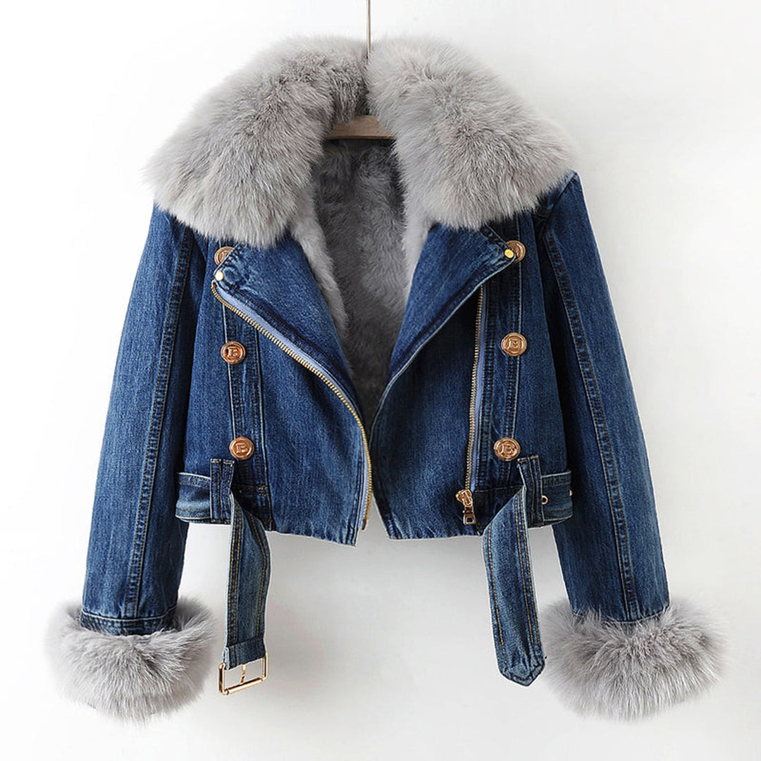 Women's Denim Jacket with Faux Fur Collar – Cropped Trucker – view 2