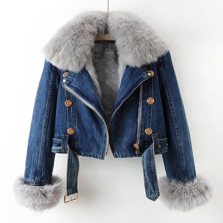 Women's Denim Jacket with Faux Fur Collar – Cropped Trucker – view 2