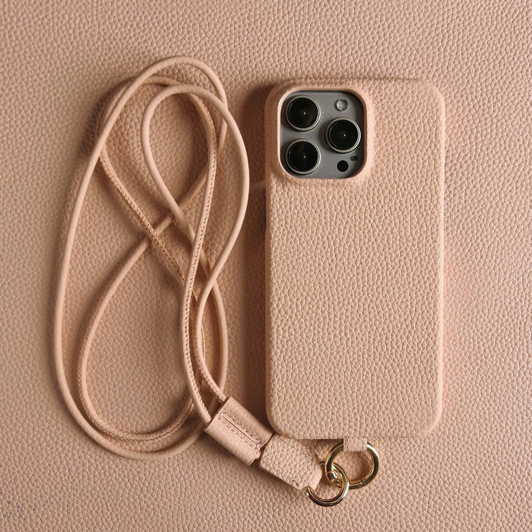 Genuine Leather Crossbody iPhone Case – Hands-Free Phone Cover – Pink