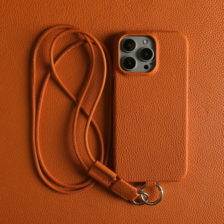 Genuine Leather Crossbody iPhone Case – Hands-Free Phone Cover – Orange