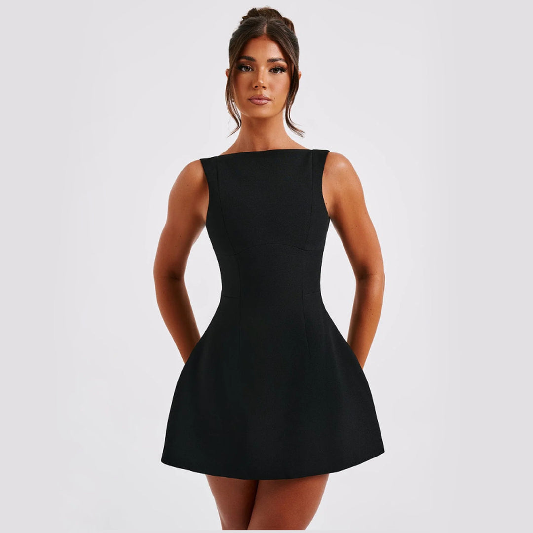 Women's Crepe Mini Dress – Scoop Back Bubble Hem Party Dress – view 4
