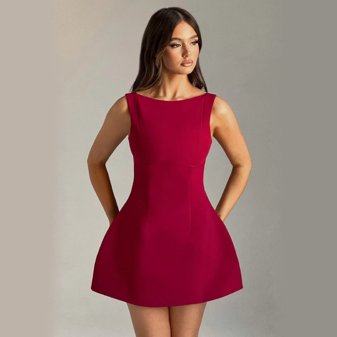 Women's Crepe Mini Dress – Scoop Back Bubble Hem Party Dress – view 8