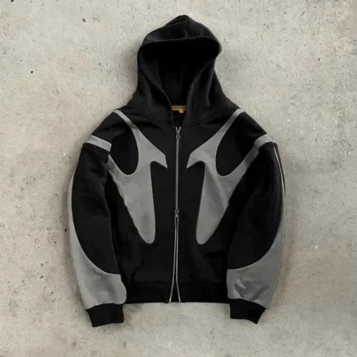 Unisex Oversized Zip-Up Hoodie – Gothic Print Cotton Blend – Black Grey