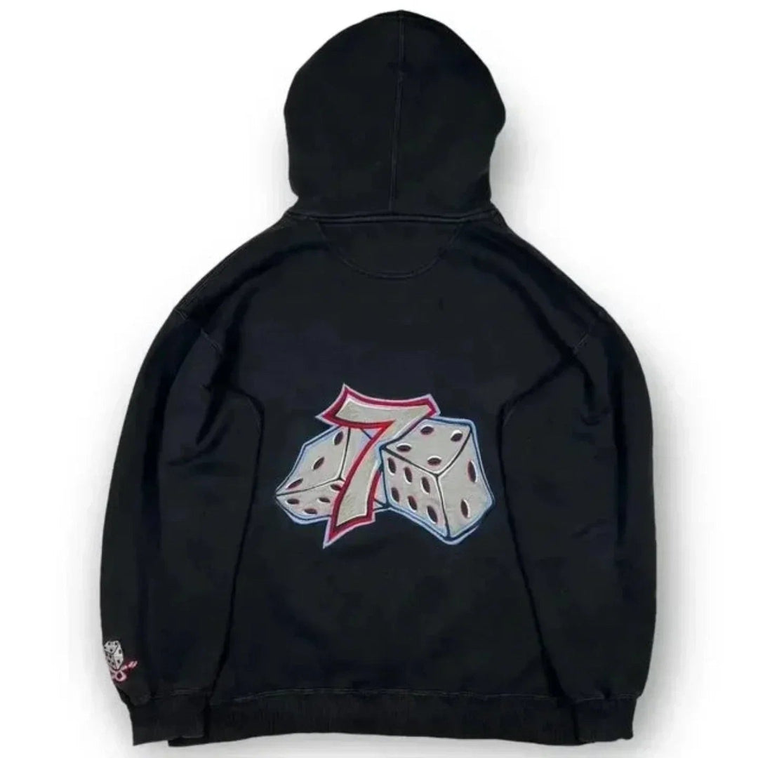Unisex Oversized Zip-Up Hoodie – Gothic Print Cotton Blend – Black